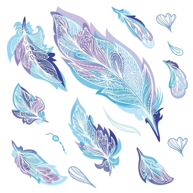 Vector vector creative sketch ornamental design elements in indigo color with transparent watercolor effect
