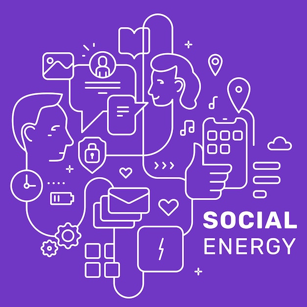Vector creative social monochrome illustration on purple color background. Communication of people concept with icon and text. White line art style design for web, site, banner, poster
