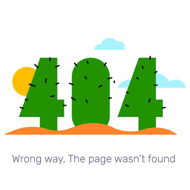 Vector vector creative template of found 404 error page with text on white background number as a cactus in the desert with sun and sand