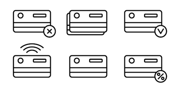 Set di icone vettoriali per carte di credito tratto modificabile raccolta di icone aziendali di linea relative alle carte bancarie concetto finanziario carta di debito e di credito