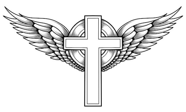 Vector cross with angel wings tattoo