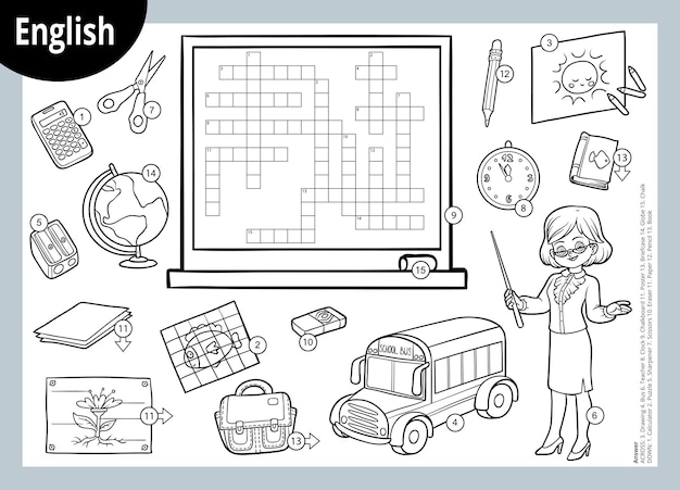 Vector crossword in English education game for children Cartoon teacher and objects for school