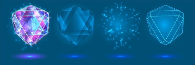 Vettore potenza del cristallo vettoriale ed energia degli elementi bagliore al neon viola blu