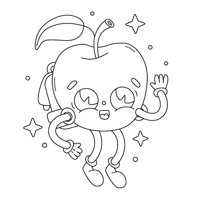 Vector cute apple with backpack Coloring book cartoon isolated on white Coloring page Outline