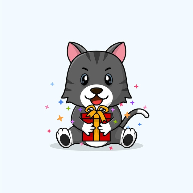 ベクトルかわいい赤ちゃん猫漫画幸せなギフト フラット アイコン イラストを保持
