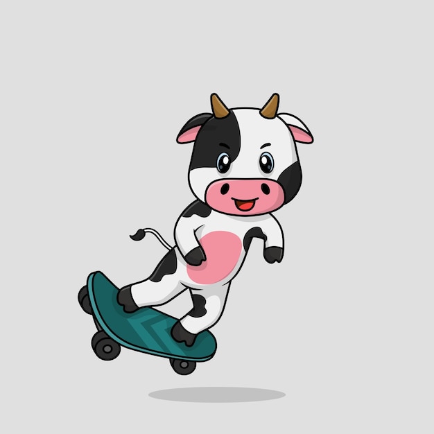 vector cute baby cow cartoon playing skateboard icon flat illustration