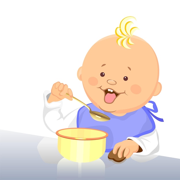 Vector vector cute baby eats with a spoon from a bowl