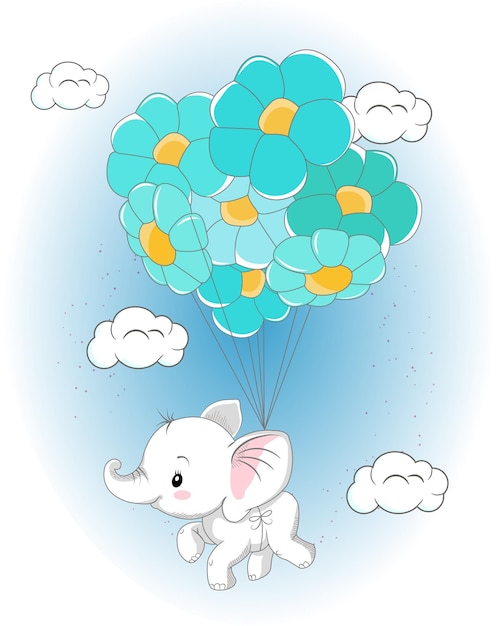 Vector vector a cute baby elephant flying a flower balloon