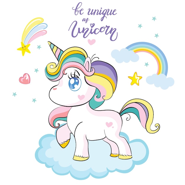 Vector cute baby unicorn character standing on cloud