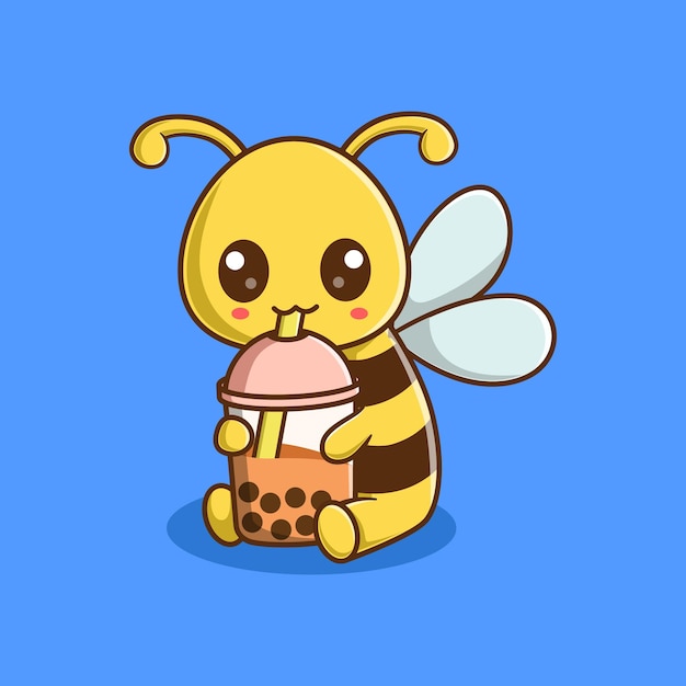 Vector vector cute bee drinking bubble tea cartoon character illustration