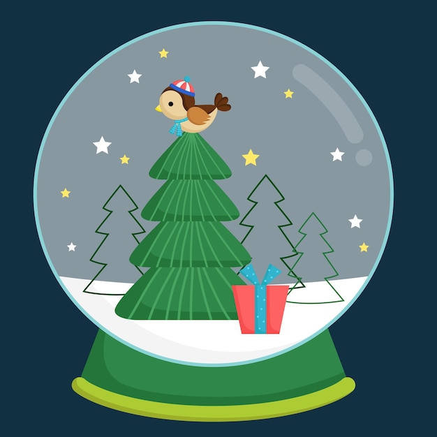 a vector of a cute bird and tree inside a snow globe