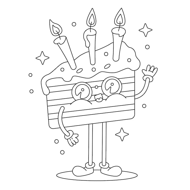 Векторный милый торт ко дню рождения со свечами, раскраски книги мультфильм, изолированные на белом фоне страницы раскраски