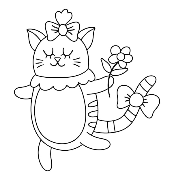 Vector cute black and white cat girl with flower. dancing domestic animal illustration. romantic pet isolated on white background. funny saint valentine line character icon or coloring page.