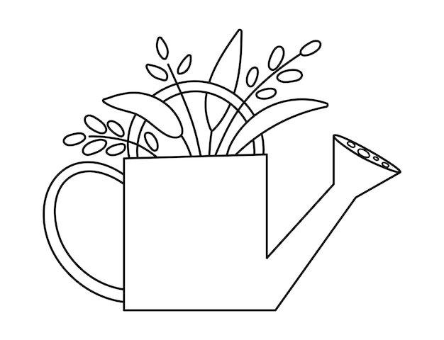 Vector cute black and white watering can with plants icon isolated on white background Outline spring garden tool illustration Funny gardening equipment picture or coloring page for kidsxA