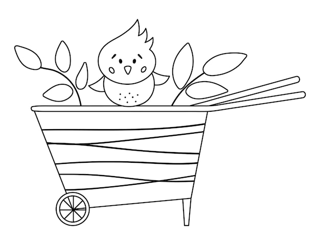 Vector cute black and white wheel barrow with chick icon isolated on white background Outline spring garden tool illustration or coloring page Funny gardening equipment picture for kidsxA