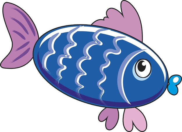 Vector cute blue sea fish aquarium cartoon fish for print children illustration on white background