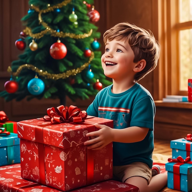 Vector vector cute boy is happy with christmas gift