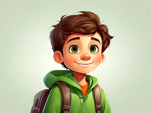 Vector Cute boy with green backpack greeting on white isolated