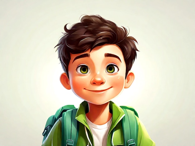 Vector Cute boy with green backpack greeting on white isolated