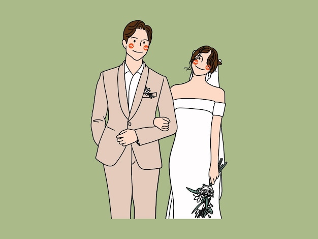 Vector cute bride and groom couple in wedding dress cartoon character