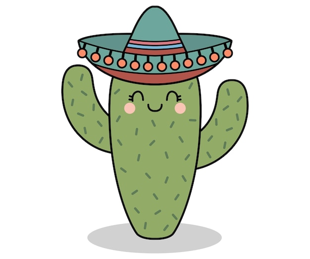 Векторный милый персонаж кактуса в мексиканском стиле, нарисованный вручную иллюстрацией, изолированной на белом