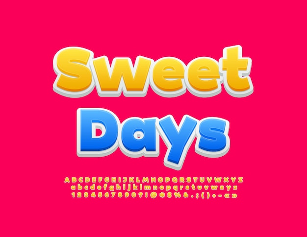 Vector cute card sweet days yellow alphabet letters numbers and symbols set playful childish font