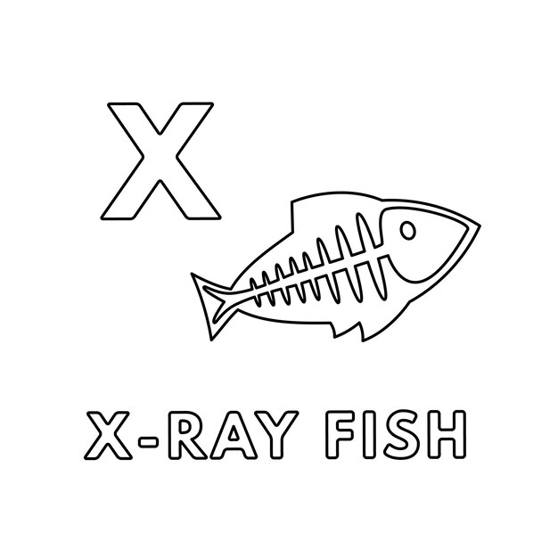 Vector cute cartoon animals alphabet xray fish coloring pages