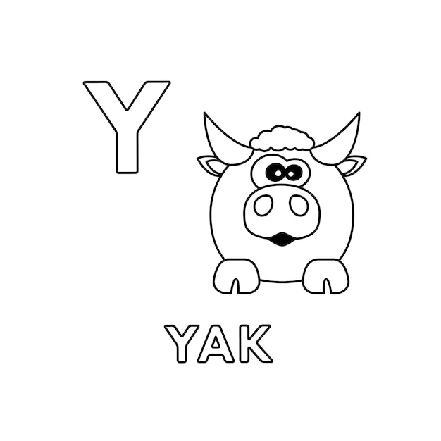 Pagine da colorare di yak dell'alfabeto degli animali svegli del fumetto di vettore