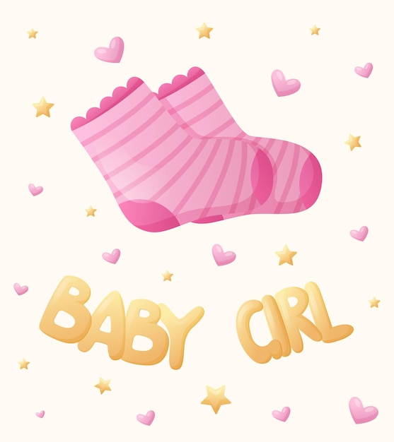 Векторная милая мультяшная открытка или баннер с розовыми носками и ручной надписью "девочка"