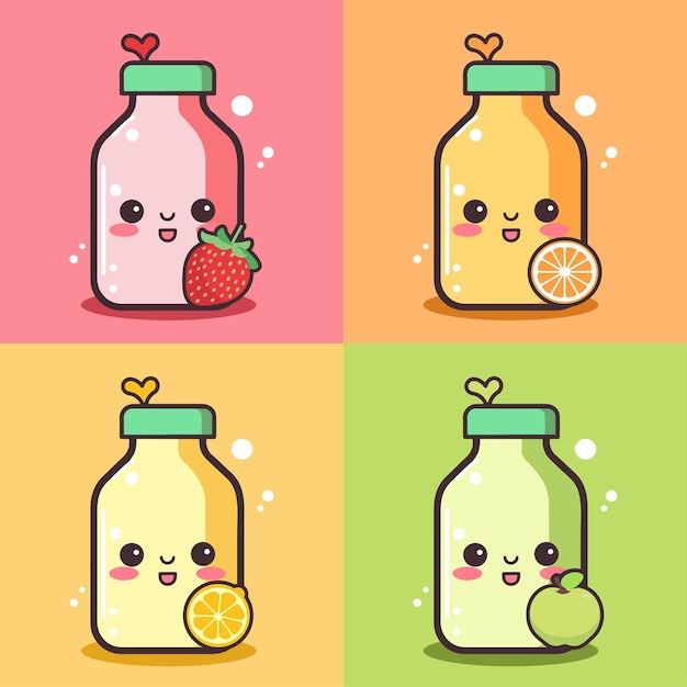 Vector cute cartoon colorful fruit juice soda drink emoji illustration set template