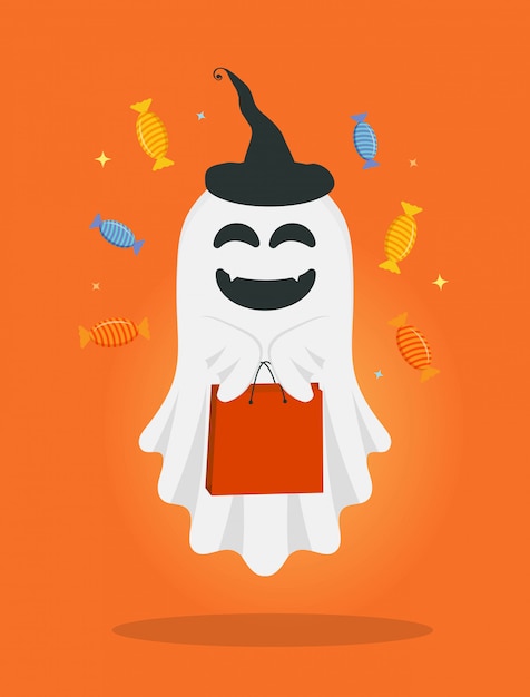 Vector cute cartoon ghost with bag and candies