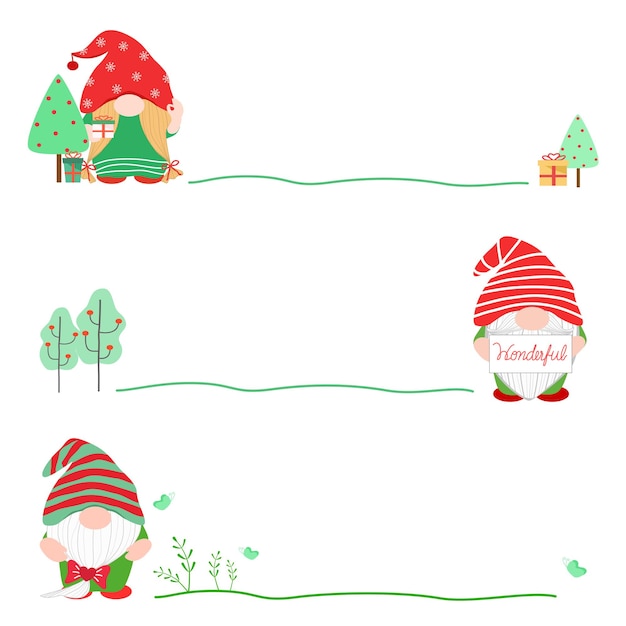 Vettore vector gnomo simpatico cartone animato con linea verde durante la stagione di natale capodanno holiday