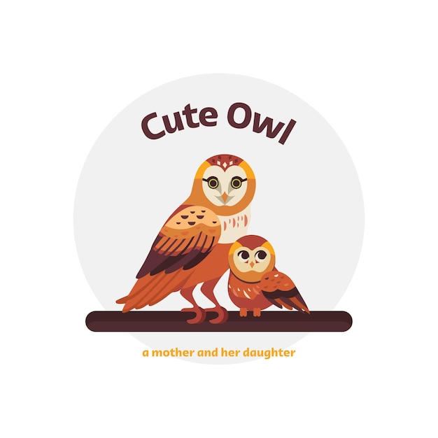 Vector cute cartoon owl with her daughter