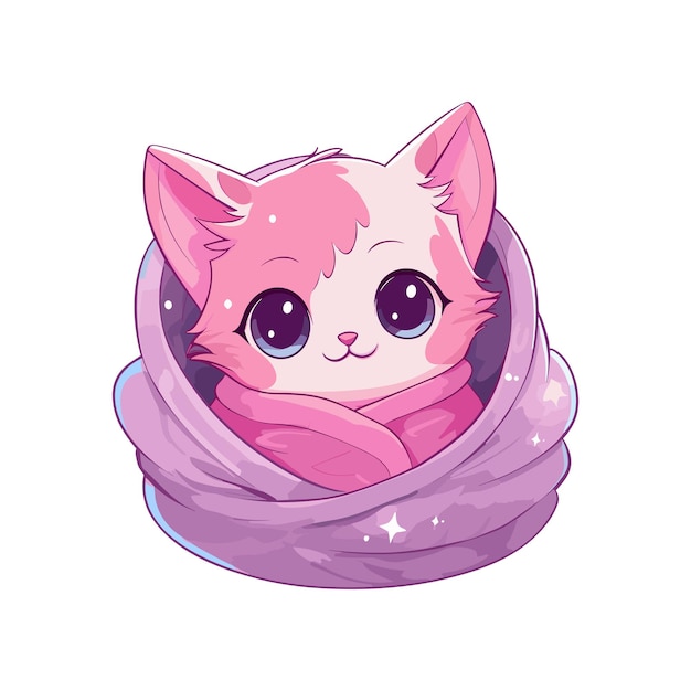 Vector cute cartoon pink cat sleeping under pink blanket Adorable kawaii kitten animal style