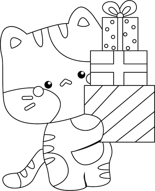 a vector of a cute cat in birthday theme in black and white coloring