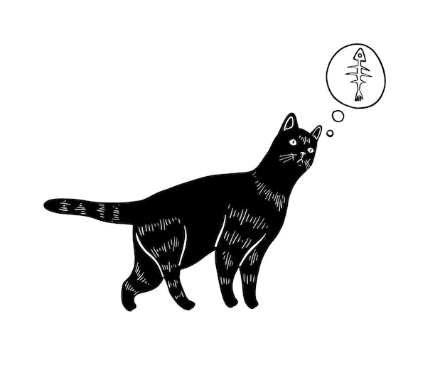 Vector cute cat dreaming about fish. Black and white doodle