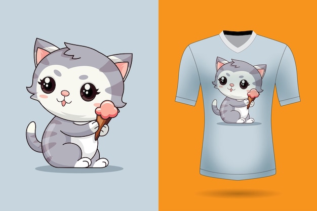 Vector cute cat eat ice cream cartoon vector icon illustration animal nature icon concept isolated