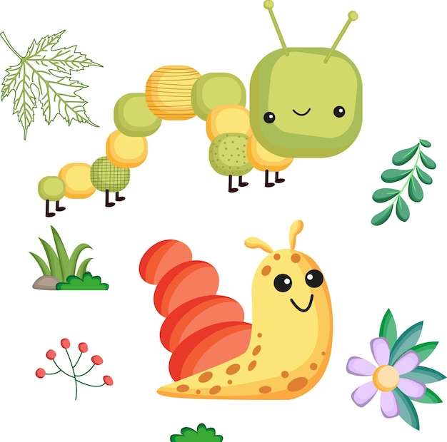 A vector of a cute caterpillar and Snails