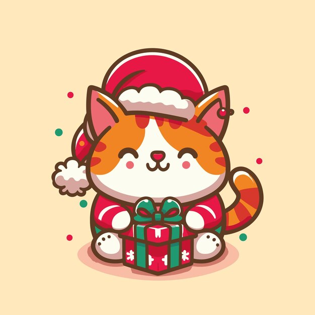 Vector vector of a cute christmas kitten opening a christmas present