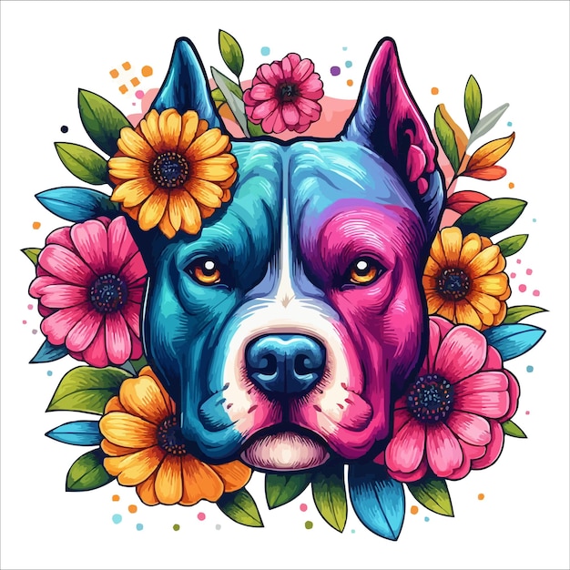 Vector vector cute colorful pitbull dog head with flowers on the side