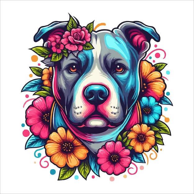 Vector cute colorful pitbull dog head with Flowers on the side