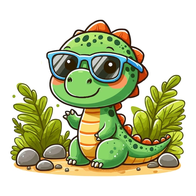 Вектор милый динозавр в солнцезащитных очках мультфильм