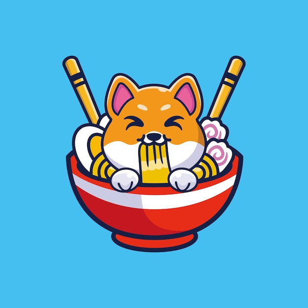 Vector cute dog eating noodle cartoon icon illustration