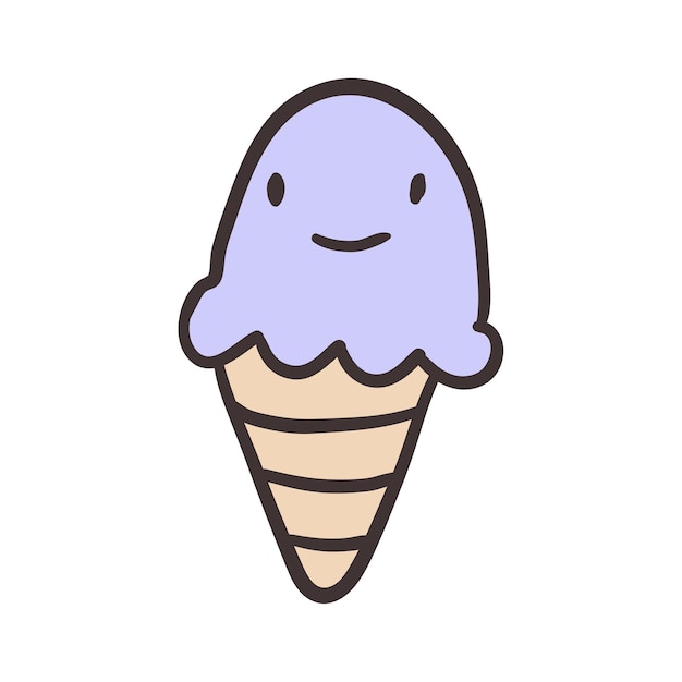 Vector cute doodle illustration of ice cream cone with smile isolated on white