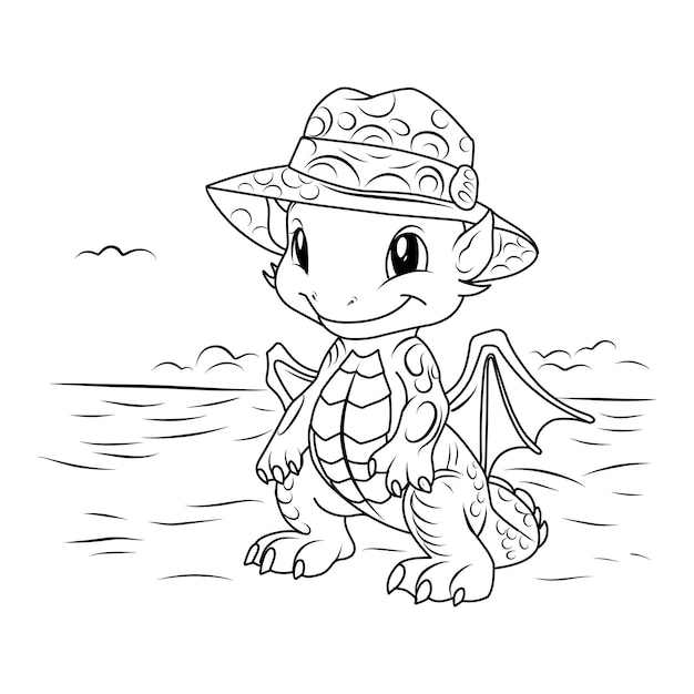 A vector of a cute dragon on the beach in black and white coloringcoloring page simbol 2024