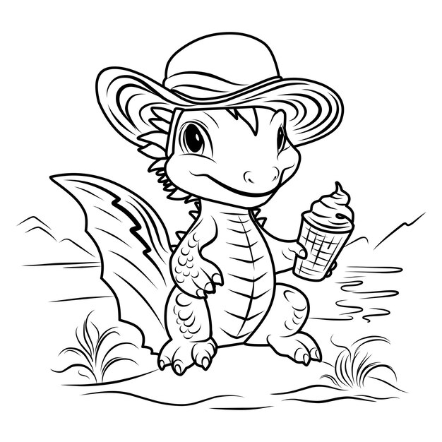 A vector of a cute dragon on the beach in black and white coloringcoloring page simbol 2024