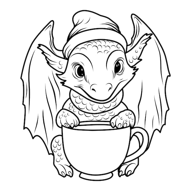 A vector of a cute dragon in the hat in black and white coloringcoloring page simbol 2024