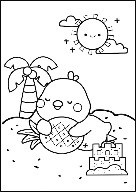 a vector of cute duck on holiday in black and white coloring