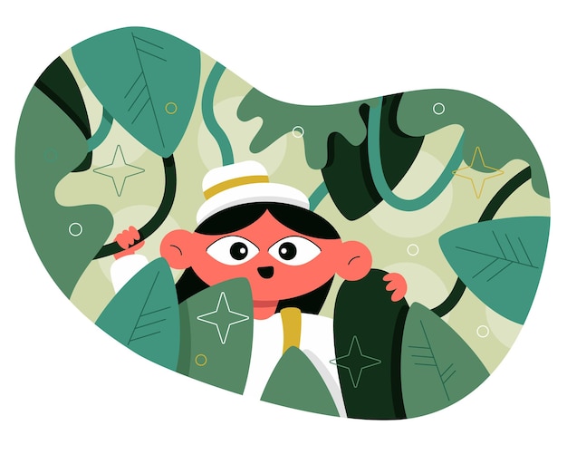 Векторная милая плоская иллюстрация женщина выглядывает из-за листьев в джунглях в лесу