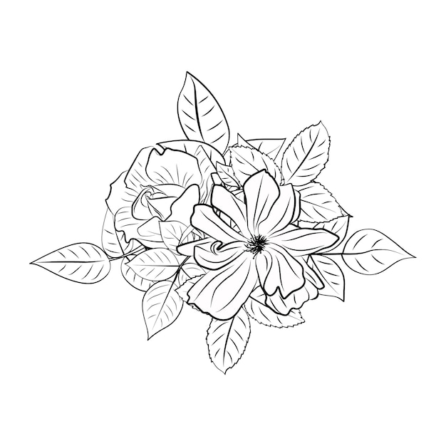 A vector of cute flowers in black and white coloring